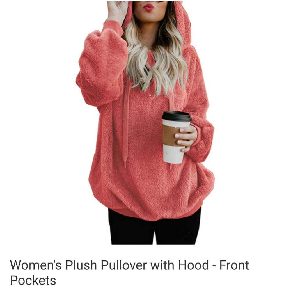Adorable coral/pink plush hooded sweatshirt